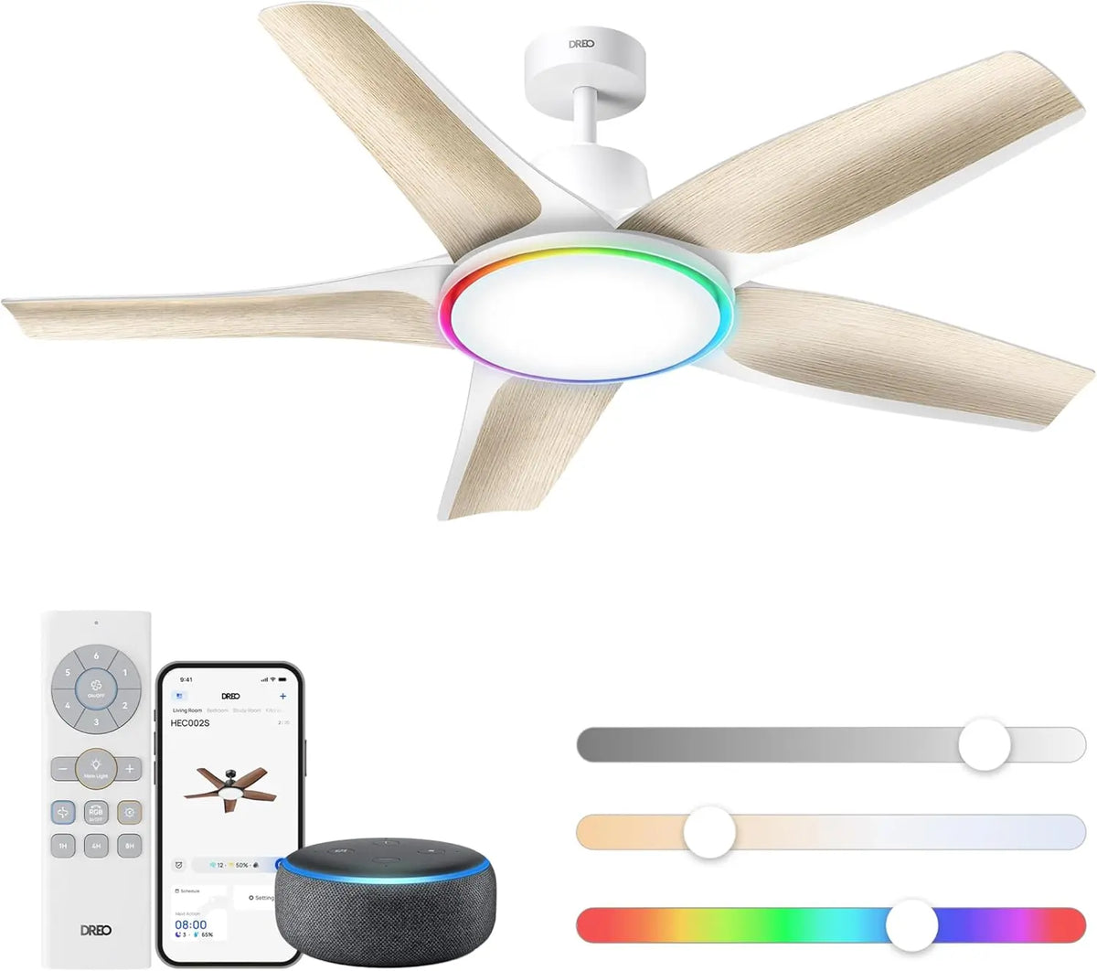 DREO ventilateur de plafond, avec fonctions connectées, à fonctionnement silencieux, réglage adaptable, coloris blanc