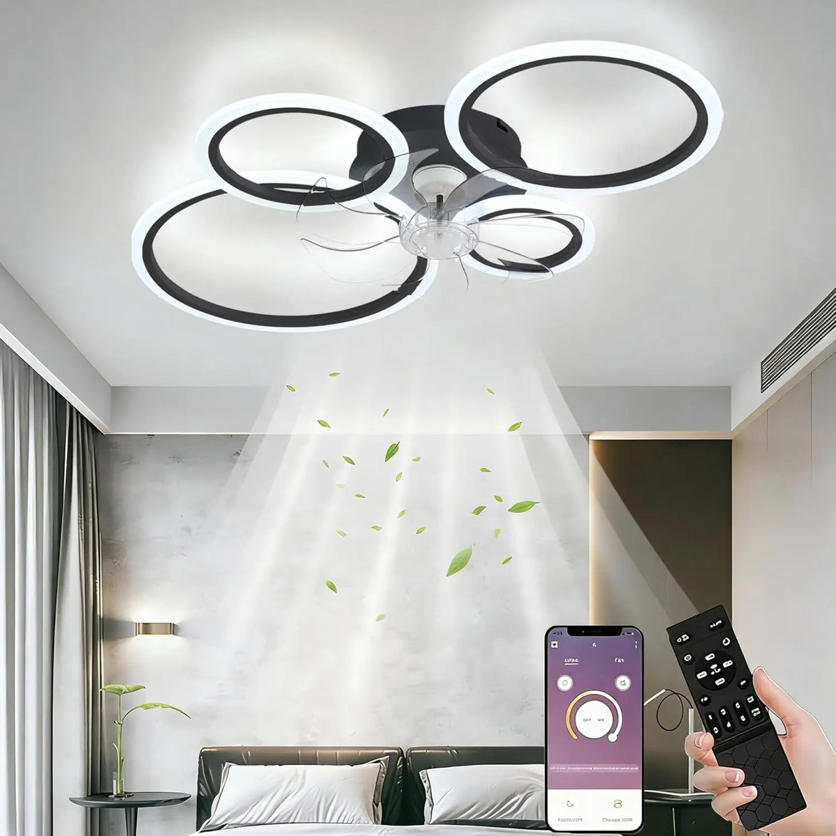 ventilateur de plafond 80x12cm, puissance 96 W, dimensions 80 x 12 cm, à fonctionnement silencieux, avec télécommande, avec minuterie, coloris noir