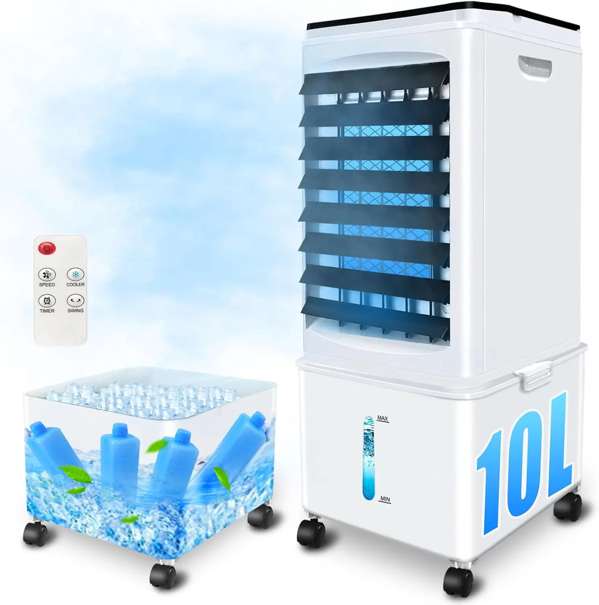 climatiseur mobile, capacité 10 L, puissance 60 W, à fonctionnement silencieux, format compact, avec télécommande