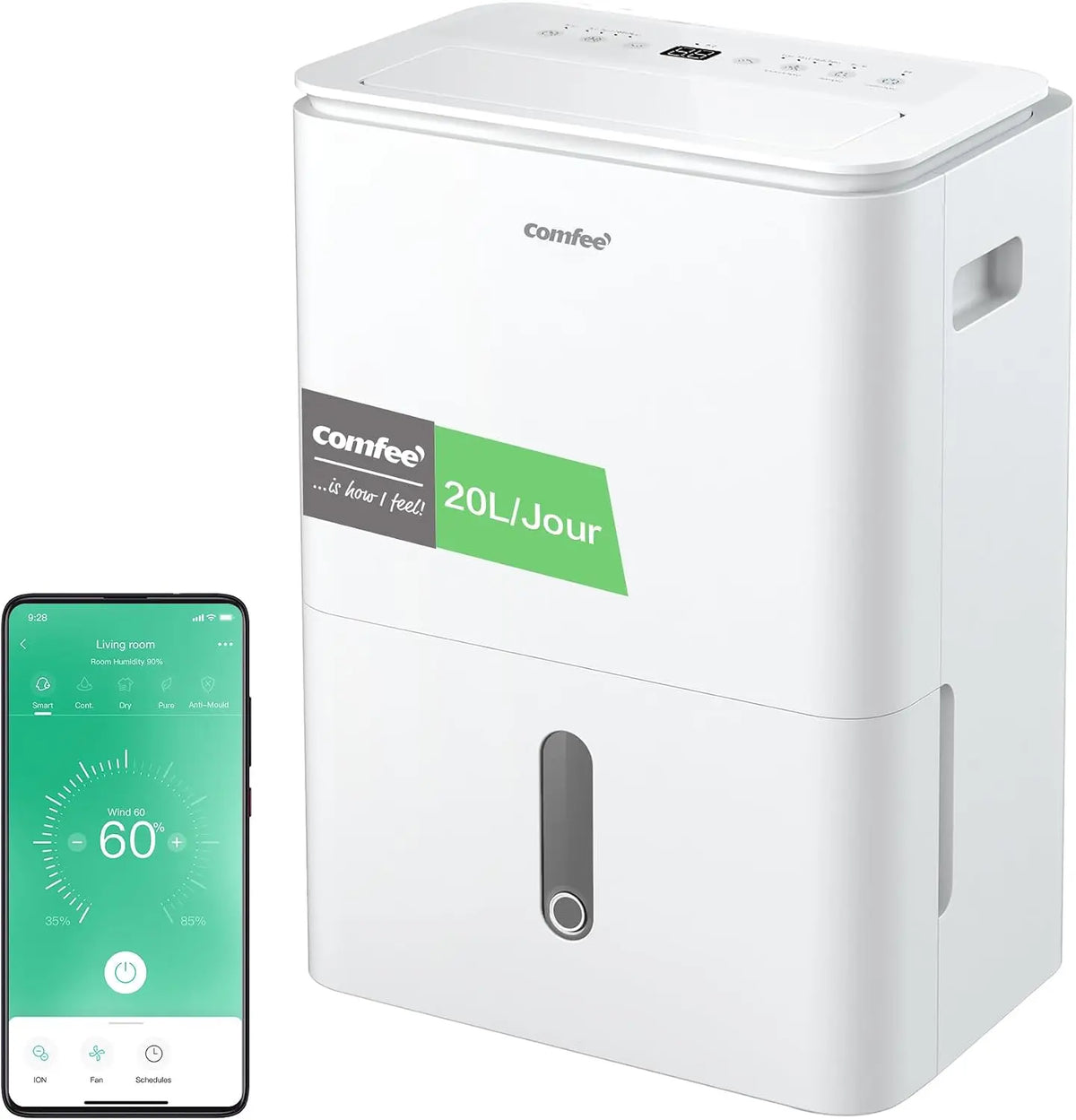 COMFEE' déshumidificateur 100m, capacité 20 L, avec fonctions connectées, avec fonction déshumidification