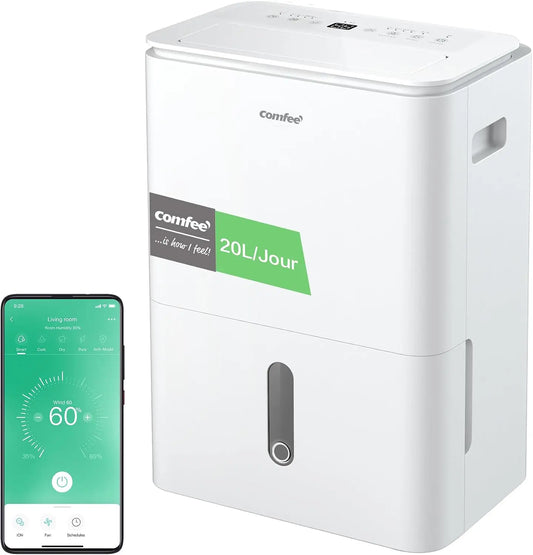 COMFEE' déshumidificateur 100m, capacité 20 L, avec fonctions connectées, avec fonction déshumidification