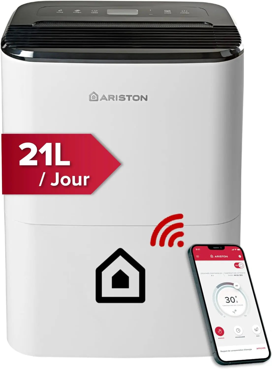 Ariston déshumidificateur 21S, capacité 21 L, avec connexion Wi-Fi, à fonctionnement silencieux, format compact